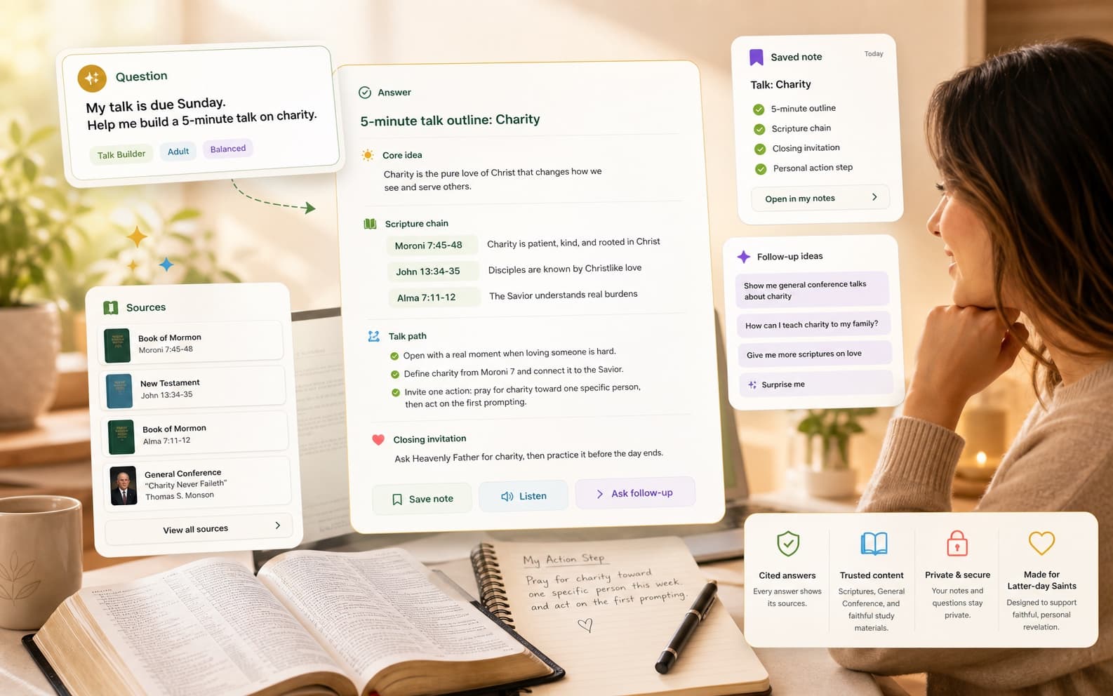 A warm study scene with Gospel Study AI cards showing a talk question, cited answer, source list, saved note, and follow-up actions